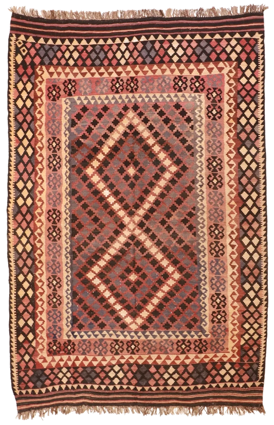 W 6.9 L 9.11 Kilim 100% Wool Hand-Woven Geometric Design - 9809